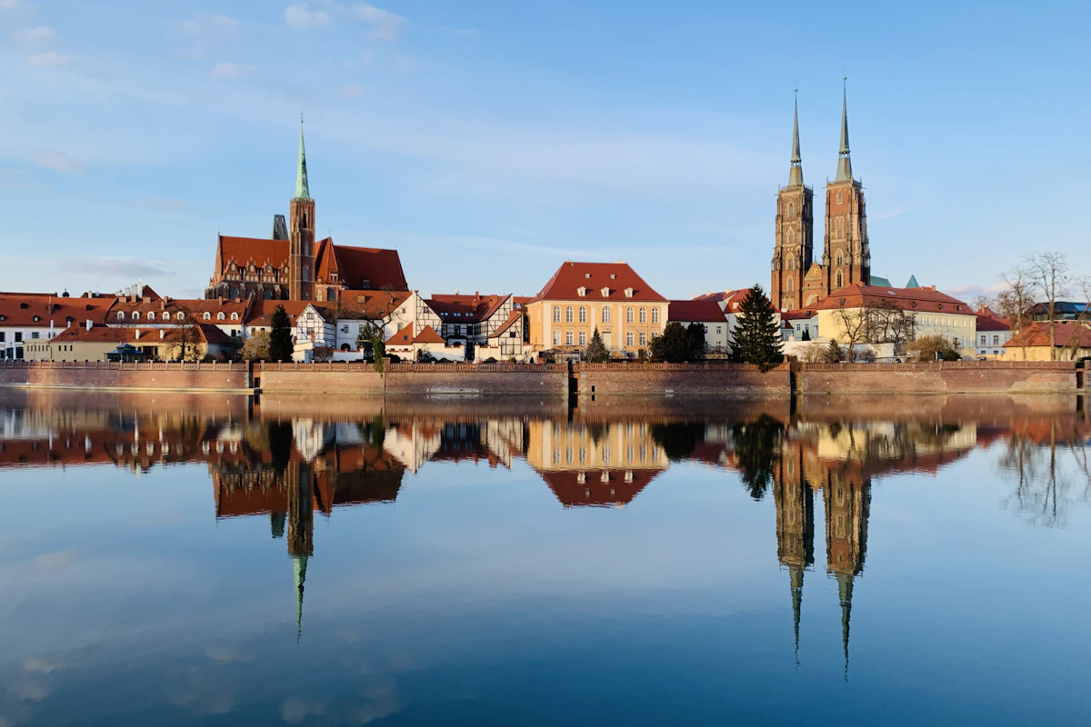 Historic architecture along the river in Wrocław, Poland