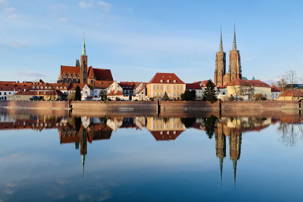Historic architecture along the river in Wrocław, Poland