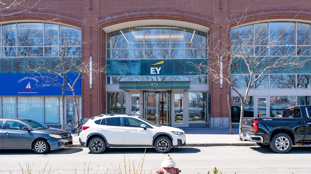 EY corporate signage above the entrance to its Hoboken office in New Jersey.